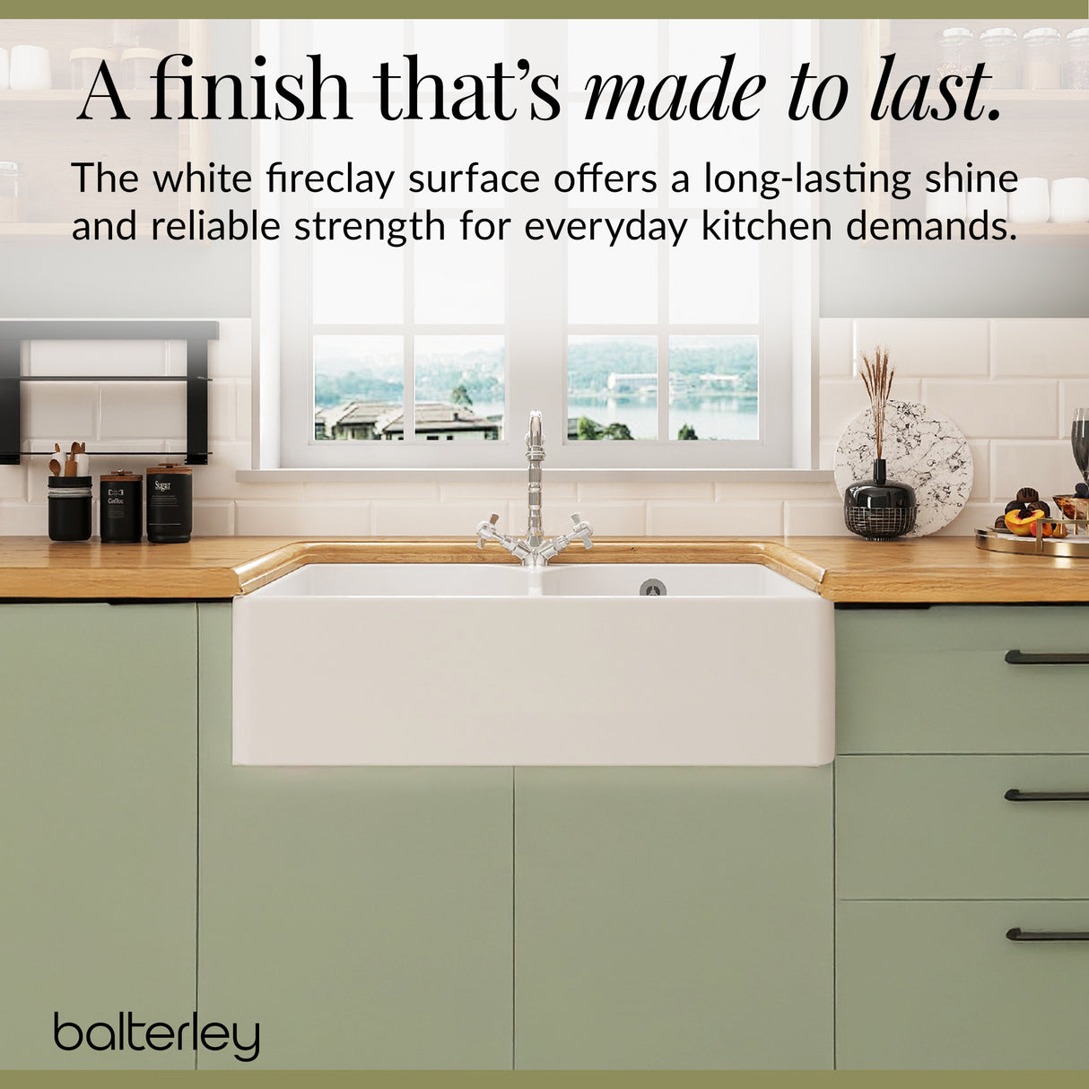 Double Bowl Fireclay Ceramic Butler Kitchen Sink Bundle with Stepped Weir, Classic Tap & Wastes