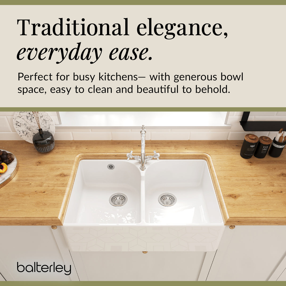 Double Bowl Fireclay Ceramic Butler Kitchen Sink Bundle with Stepped Weir, Classic Tap & Wastes