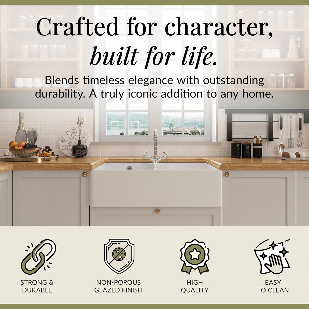 Double Bowl Fireclay Ceramic Butler Kitchen Sink Bundle with Stepped Weir, Classic Tap & Wastes