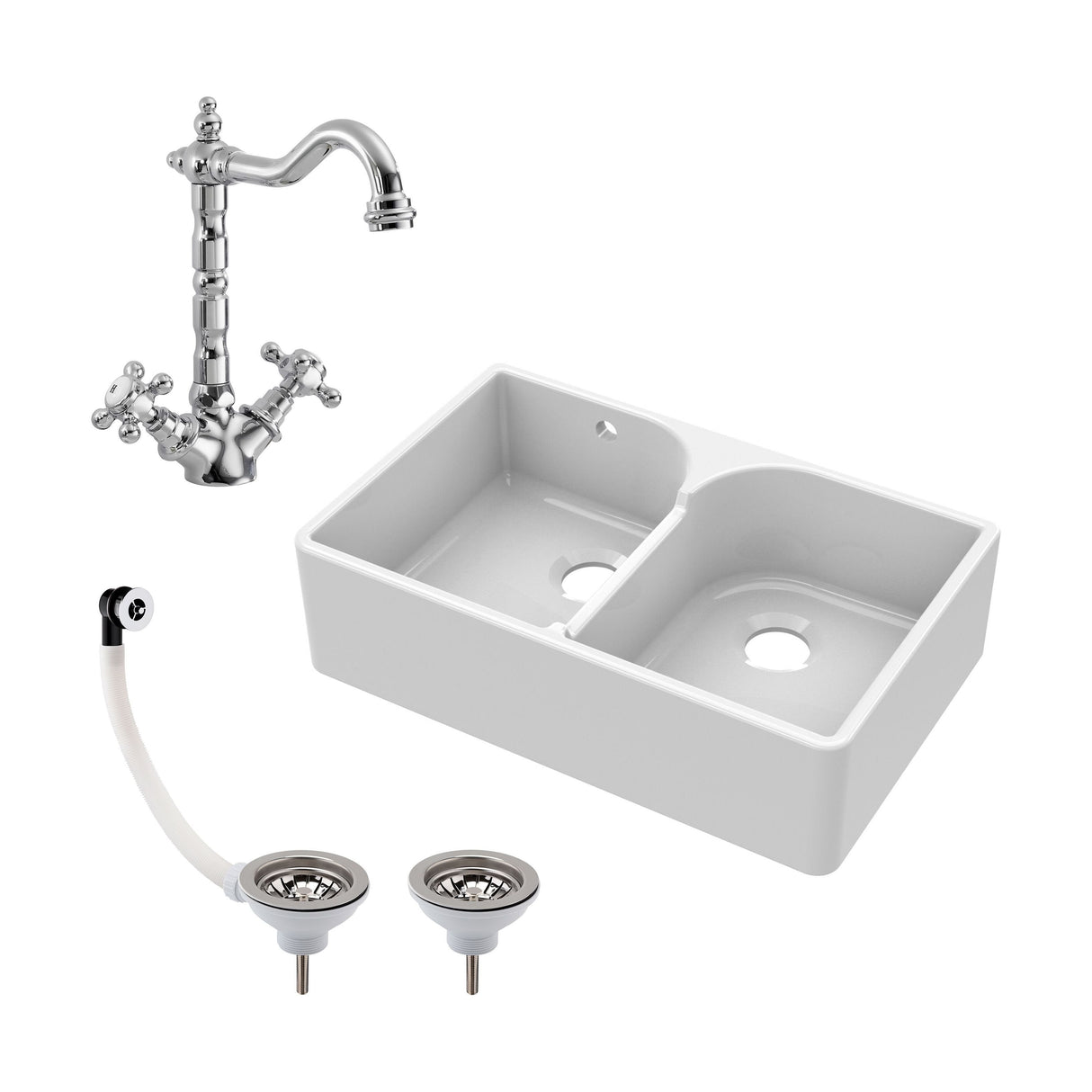 [BKS214WT4] Traditional Double Bowl Fireclay Ceramic Butler Kitchen Sink Bundle with Stepped Weir, Classic Tap & Wastes - Cutout