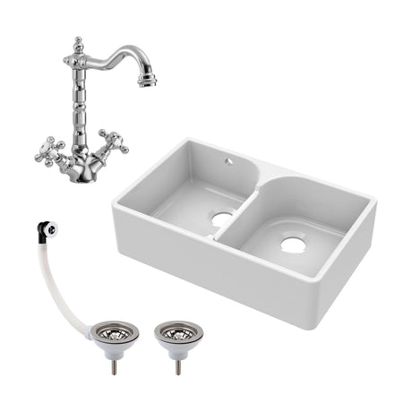 [BKS214WT4] Traditional Double Bowl Fireclay Ceramic Butler Kitchen Sink Bundle with Stepped Weir, Classic Tap & Wastes - Cutout