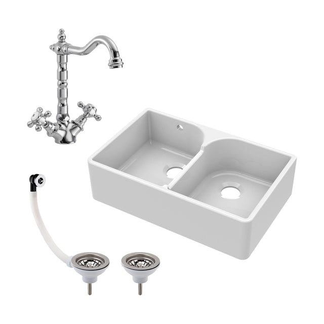 [BKS214WT4] Traditional Double Bowl Fireclay Ceramic Butler Kitchen Sink Bundle with Stepped Weir, Classic Tap & Wastes - Cutout