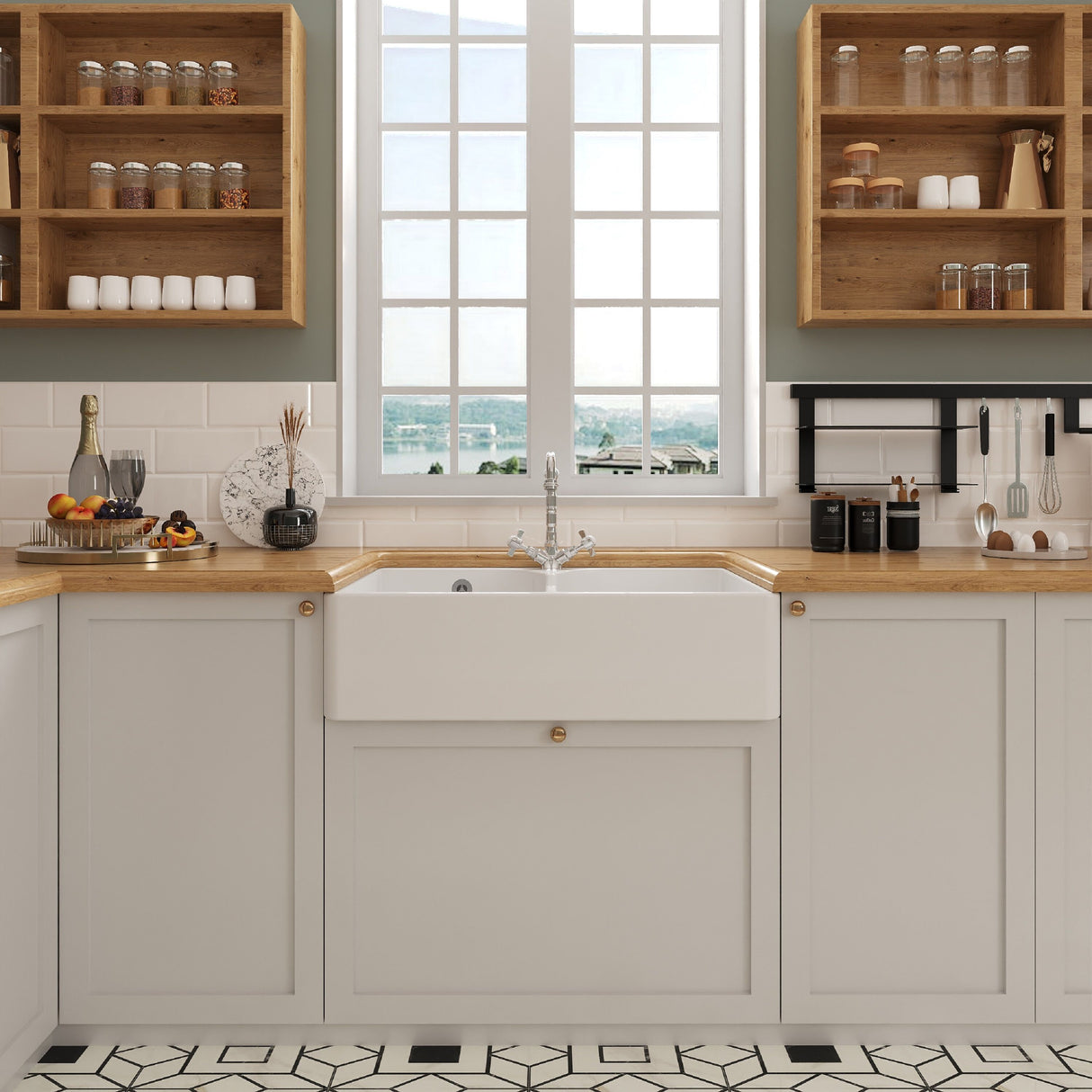 [BKS214WT4] Traditional Double Bowl Fireclay Ceramic Butler Kitchen Sink Bundle with Stepped Weir, Classic Tap & Wastes - Lifestyle 1