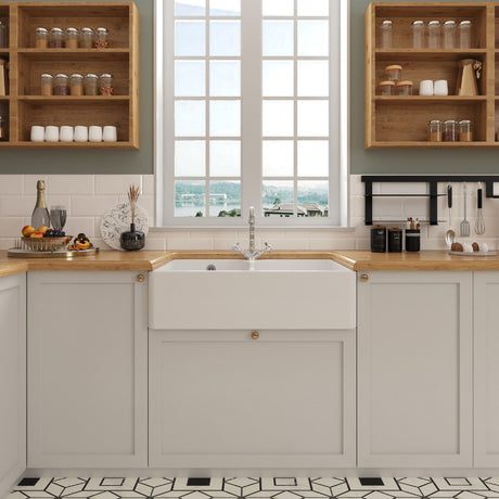 [BKS214WT4] Traditional Double Bowl Fireclay Ceramic Butler Kitchen Sink Bundle with Stepped Weir, Classic Tap & Wastes - Lifestyle 1