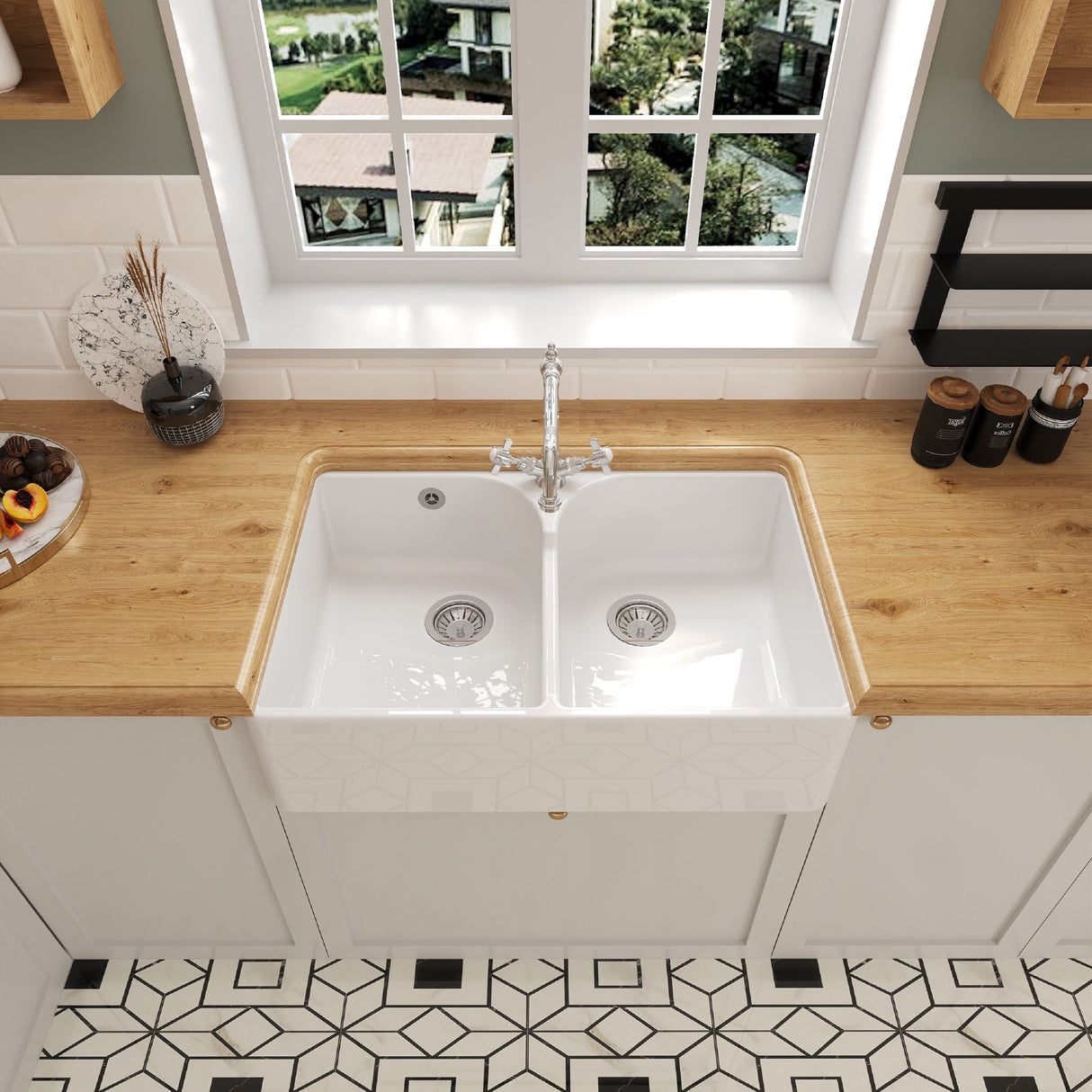 [BKS214WT4] Traditional Double Bowl Fireclay Ceramic Butler Kitchen Sink Bundle with Stepped Weir, Classic Tap & Wastes - Lifestyle 3