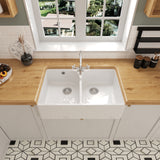 Double Bowl Fireclay Ceramic Butler Kitchen Sink Bundle with Stepped Weir, Classic Tap & Wastes