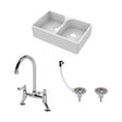 [BKS214WT5] Traditional Fireclay Kitchen Bundle: Double Bowl Stepped Weir Butler Sink, Compatible Wastes & Bridge Lever Tap, 795mm - Chrome - Cutout