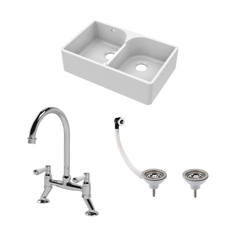 [BKS214WT5] Traditional Fireclay Kitchen Bundle: Double Bowl Stepped Weir Butler Sink, Compatible Wastes & Bridge Lever Tap, 795mm - Chrome - Cutout