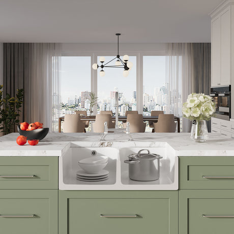 [BKS214WT5] Traditional Fireclay Kitchen Bundle: Double Bowl Stepped Weir Butler Sink, Compatible Wastes & Bridge Lever Tap, 795mm - Chrome - Lifestyle 1