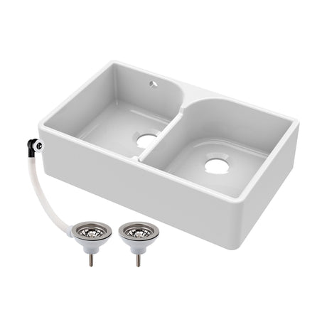 [BKS214W] Traditional Double Bowl Fireclay Ceramic Butler Kitchen Sink with Stepped Weir & Wastes - 795mm - Cutout