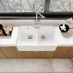 [BKS214W] Traditional Double Bowl Fireclay Ceramic Butler Kitchen Sink with Stepped Weir & Wastes - 795mm - Lifestyle 2