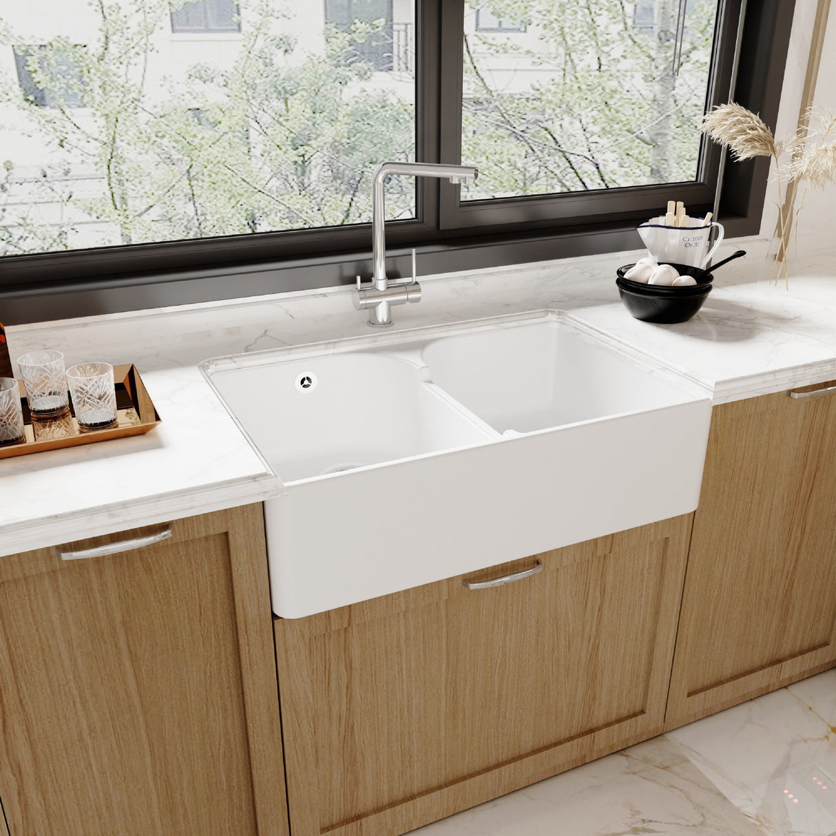 [BKS214W] Traditional Double Bowl Fireclay Ceramic Butler Kitchen Sink with Stepped Weir & Wastes - 795mm - Lifestyle 3