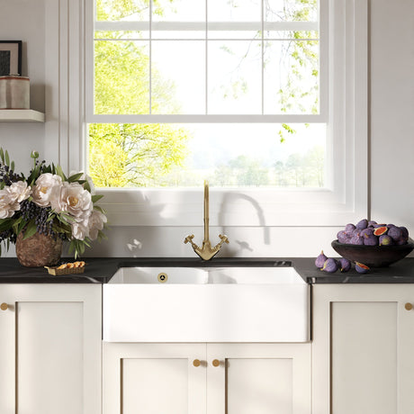 [BKS214] Traditional Double Bowl Fireclay Ceramic Butler Kitchen Sink with Stepped Weir and Overflow - 795mm - Lifestyle 1