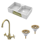 Fireclay Kitchen Bundle - Double Bowl Butler Sink, 2 x Wastes & Mono Crosshead Tap, 895mm - Brushed Brass