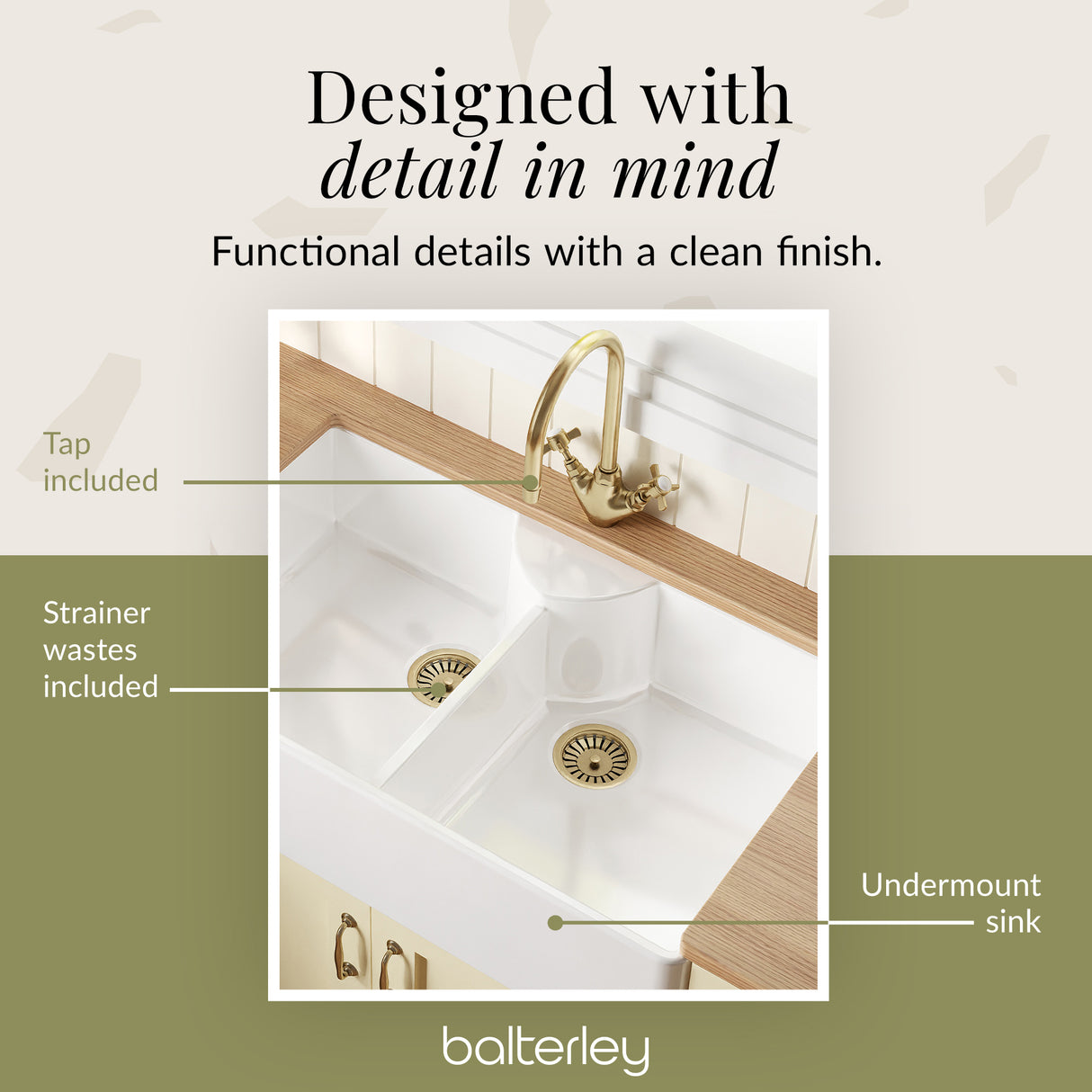 Fireclay Kitchen Bundle - Double Bowl Butler Sink, 2 x Wastes & Mono Crosshead Tap, 895mm - Brushed Brass