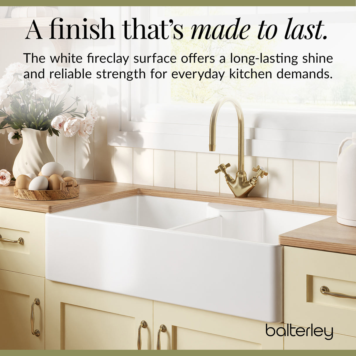 Fireclay Kitchen Bundle - Double Bowl Butler Sink, 2 x Wastes & Mono Crosshead Tap, 895mm - Brushed Brass