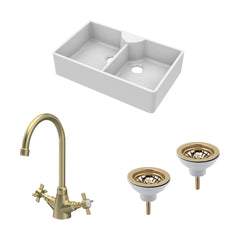 [BKS215WT11] Traditional Fireclay Kitchen Bundle: Double Bowl Butler Sink, Wastes & Mono Crosshead Tap, 895mm - Brushed Brass - Cutout