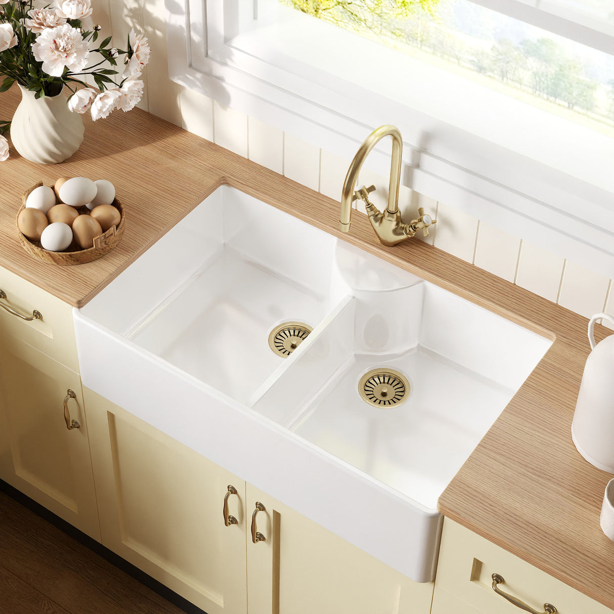 [BKS215WT11] Traditional Fireclay Kitchen Bundle: Double Bowl Butler Sink, Wastes & Mono Crosshead Tap, 895mm - Brushed Brass - Lifestyle 2