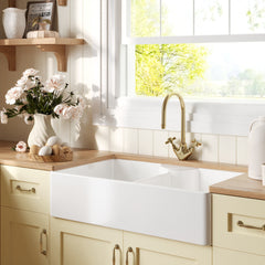 [BKS215WT11] Traditional Fireclay Kitchen Bundle: Double Bowl Butler Sink, Wastes & Mono Crosshead Tap, 895mm - Brushed Brass - Lifestyle 3