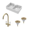 [BKS215WT12] Traditional Fireclay Kitchen Sink Bundle: Double Bowl Butler with 2 Wastes & Mono Lever Tap, 895mm - Brushed Brass - Cutout