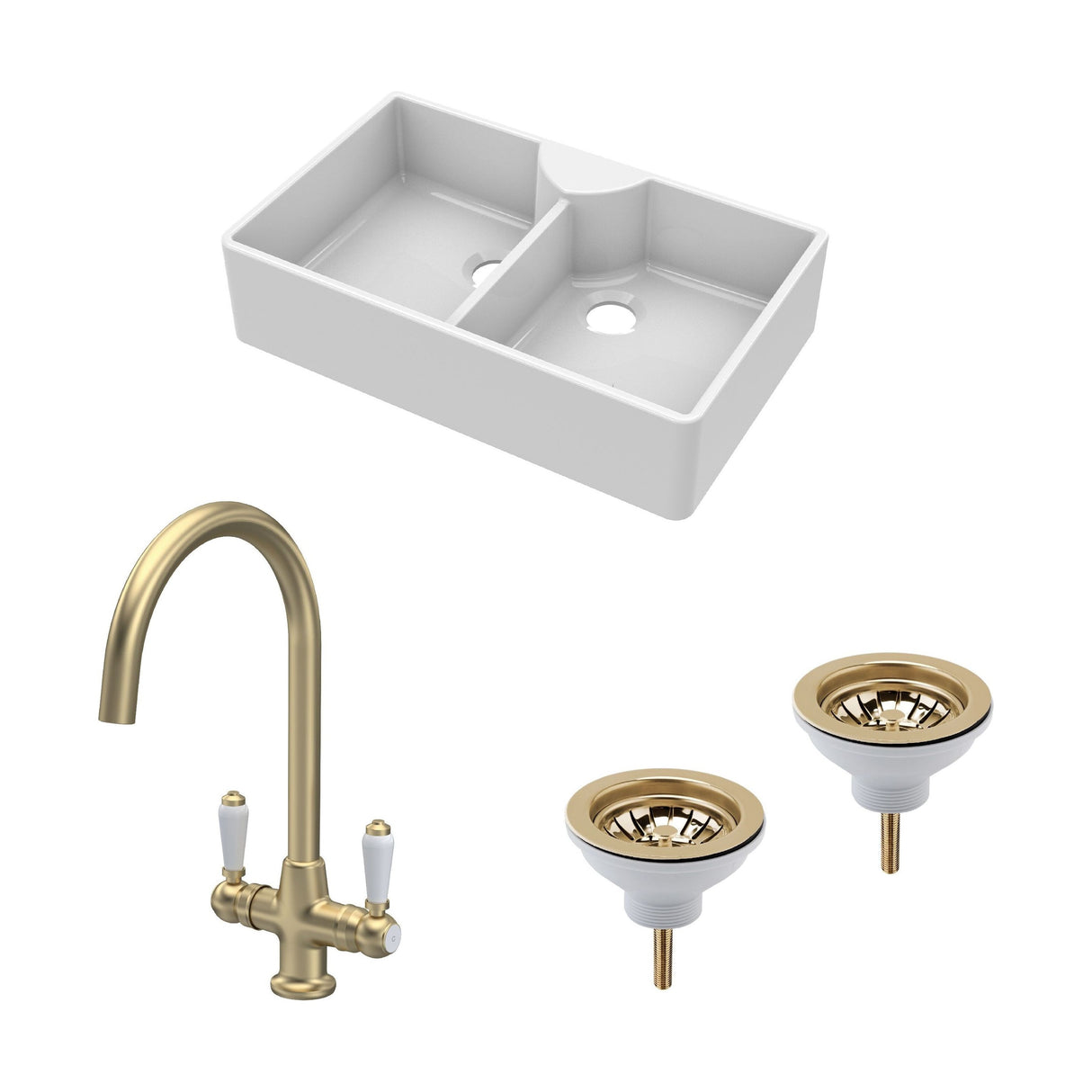 [BKS215WT12] Traditional Fireclay Kitchen Sink Bundle: Double Bowl Butler with 2 Wastes & Mono Lever Tap, 895mm - Brushed Brass - Cutout
