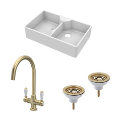 [BKS215WT12] Traditional Fireclay Kitchen Sink Bundle: Double Bowl Butler with 2 Wastes & Mono Lever Tap, 895mm - Brushed Brass - Cutout