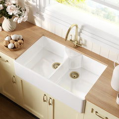 [BKS215WT12] Traditional Fireclay Kitchen Sink Bundle: Double Bowl Butler with 2 Wastes & Mono Lever Tap, 895mm - Brushed Brass - Lifestyle 2