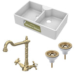 Fireclay Kitchen Bundle - Double Bowl Butler Sink, 2 x Wastes & French Classic Tap, 895mm - Brushed Brass
