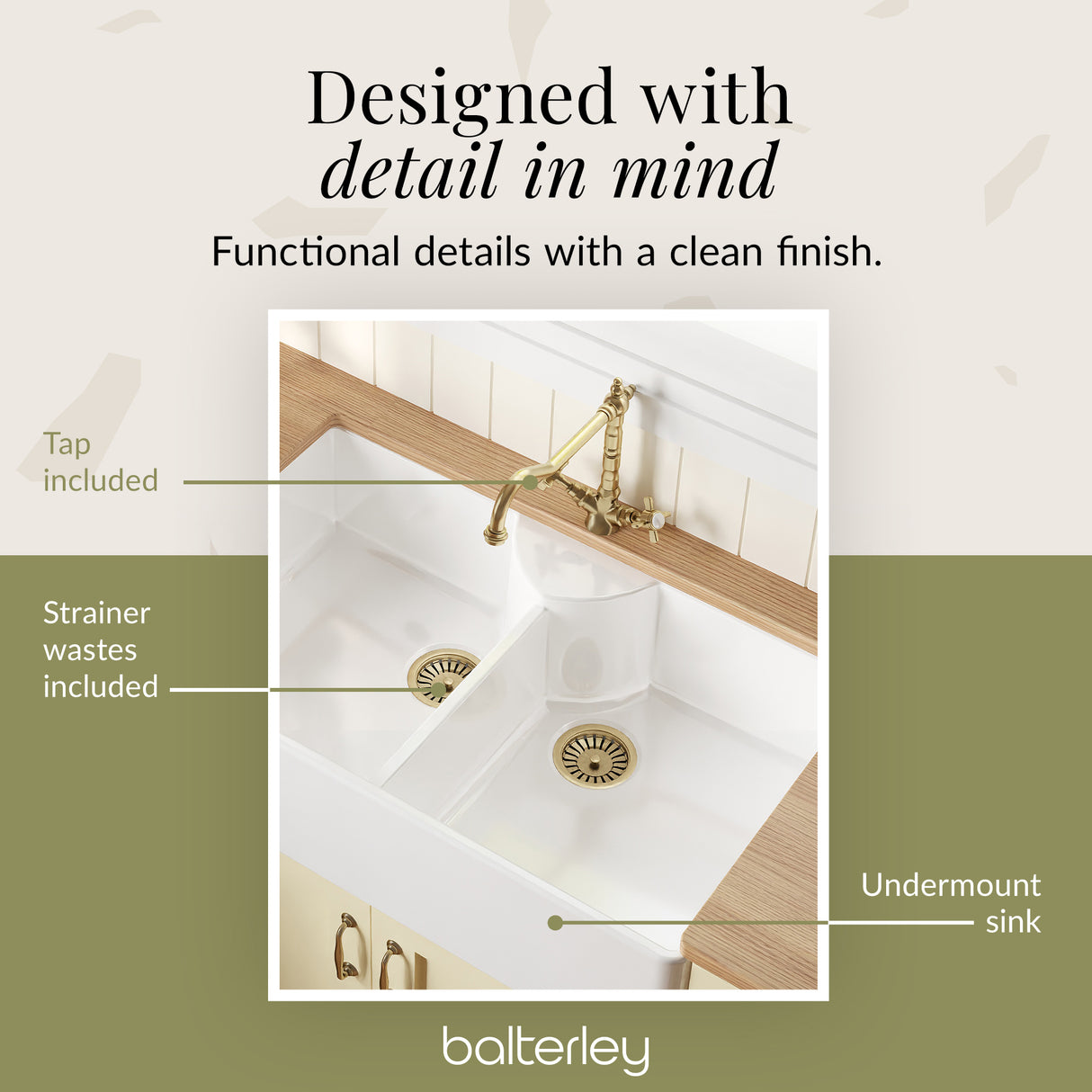 Fireclay Kitchen Bundle - Double Bowl Butler Sink, 2 x Wastes & French Classic Tap, 895mm - Brushed Brass