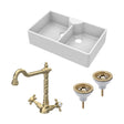 [BKS215WT13] Traditional Fireclay Kitchen Bundle: Double Bowl Butler Sink, Wastes & French Classic Tap, 895mm - Brushed Brass - Cutout