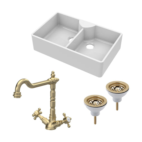 [BKS215WT13] Traditional Fireclay Kitchen Bundle: Double Bowl Butler Sink, Wastes & French Classic Tap, 895mm - Brushed Brass - Cutout