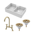 [BKS215WT14] Traditional Fireclay Kitchen Bundle: Double Bowl Butler Sink, Wastes & Bridge Crosshead Tap, 895mm - Brushed Brass - Cutout