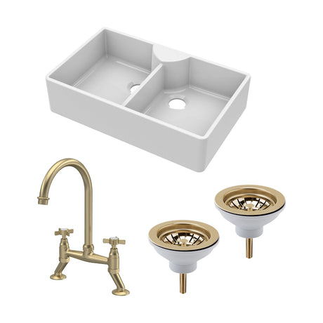 [BKS215WT14] Traditional Fireclay Kitchen Bundle: Double Bowl Butler Sink, Wastes & Bridge Crosshead Tap, 895mm - Brushed Brass - Cutout