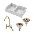 [BKS215WT15] Traditional Fireclay Kitchen Bundle:  2 Bowl Butler Sink, 2 x Wastes & Bridge Lever Tap, 895mm - Brushed Brass - Cutout