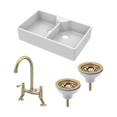 [BKS215WT15] Traditional Fireclay Kitchen Bundle:  2 Bowl Butler Sink, 2 x Wastes & Bridge Lever Tap, 895mm - Brushed Brass - Cutout