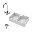 [BKS215WT2] Traditional Double Bowl Fireclay Ceramic Butler Kitchen Sink Bundle with Stepped Weir, Mixer Tap & Wastes - 895mm - Cutout
