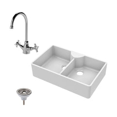 [BKS215WT2] Traditional Double Bowl Fireclay Ceramic Butler Kitchen Sink Bundle with Stepped Weir, Mixer Tap & Wastes - 895mm - Cutout