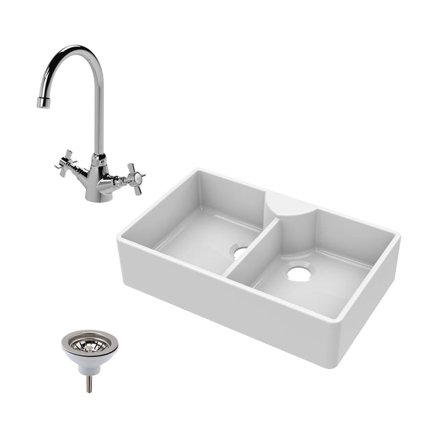 [BKS215WT2] Traditional Double Bowl Fireclay Ceramic Butler Kitchen Sink Bundle with Stepped Weir, Mixer Tap & Wastes - 895mm - Cutout