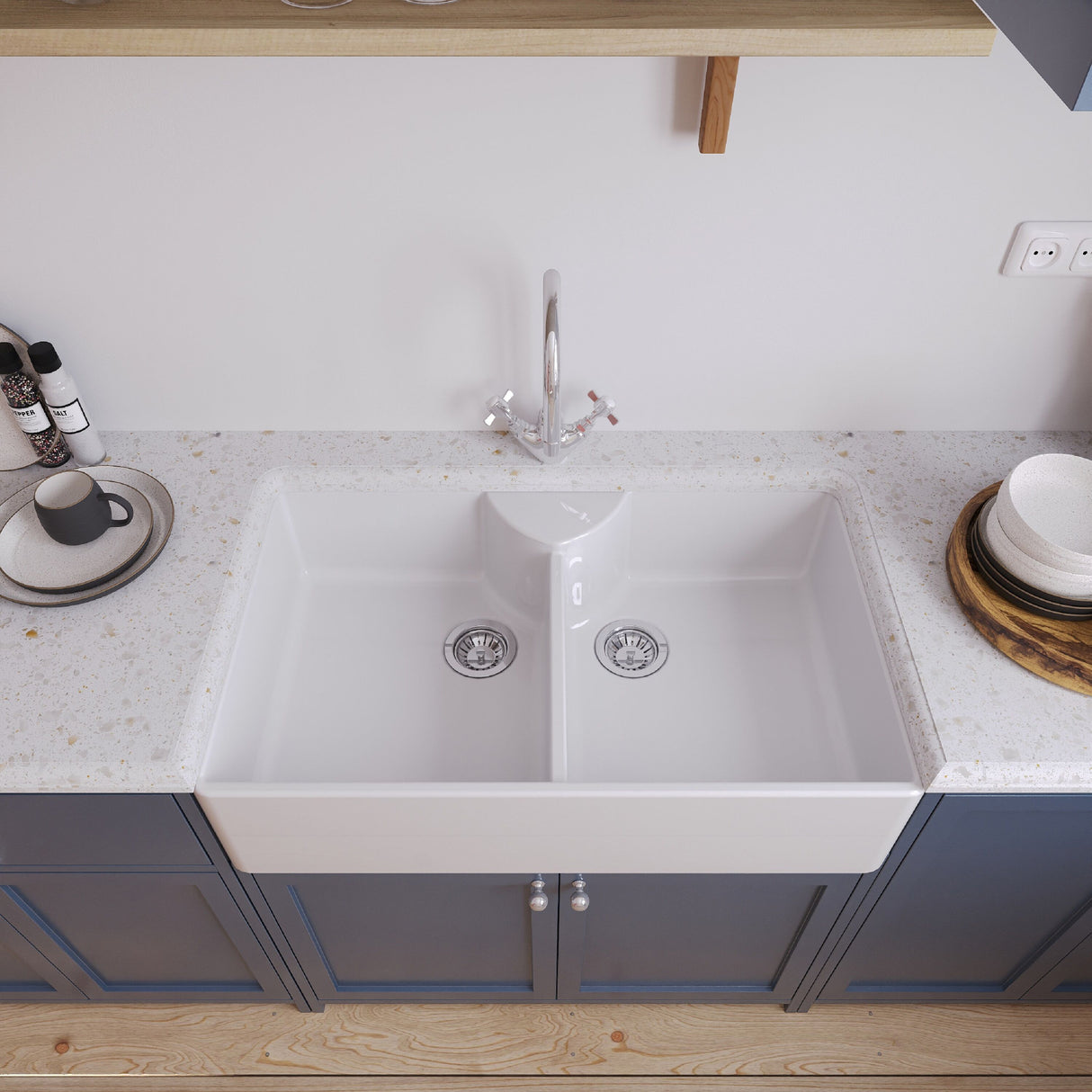 [BKS215WT2] Traditional Double Bowl Fireclay Ceramic Butler Kitchen Sink Bundle with Stepped Weir, Mixer Tap & Wastes - 895mm - Lifestyle 2