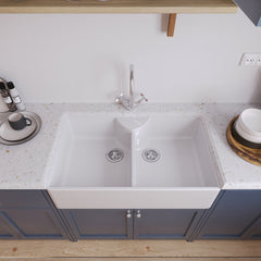 [BKS215WT2] Traditional Double Bowl Fireclay Ceramic Butler Kitchen Sink Bundle with Stepped Weir, Mixer Tap & Wastes - 895mm - Lifestyle 2