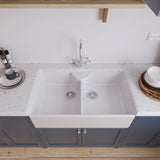 Double Bowl Fireclay Ceramic Butler Kitchen Sink Bundle with Stepped Weir, Mixer Tap & Wastes