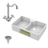 Double Bowl Fireclay Ceramic Butler Kitchen Sink Bundle with Stepped Weir, Classic Tap & Wastes