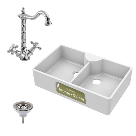 Double Bowl Fireclay Ceramic Butler Kitchen Sink Bundle with Stepped Weir, Classic Tap & Wastes