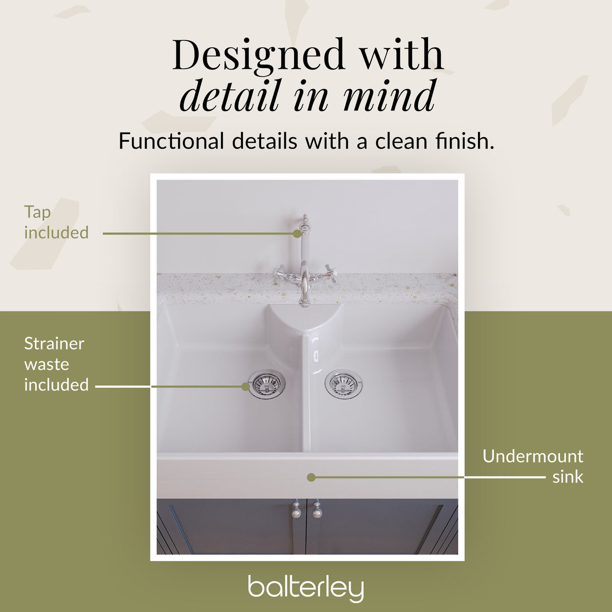 Double Bowl Fireclay Ceramic Butler Kitchen Sink Bundle with Stepped Weir, Classic Tap & Wastes