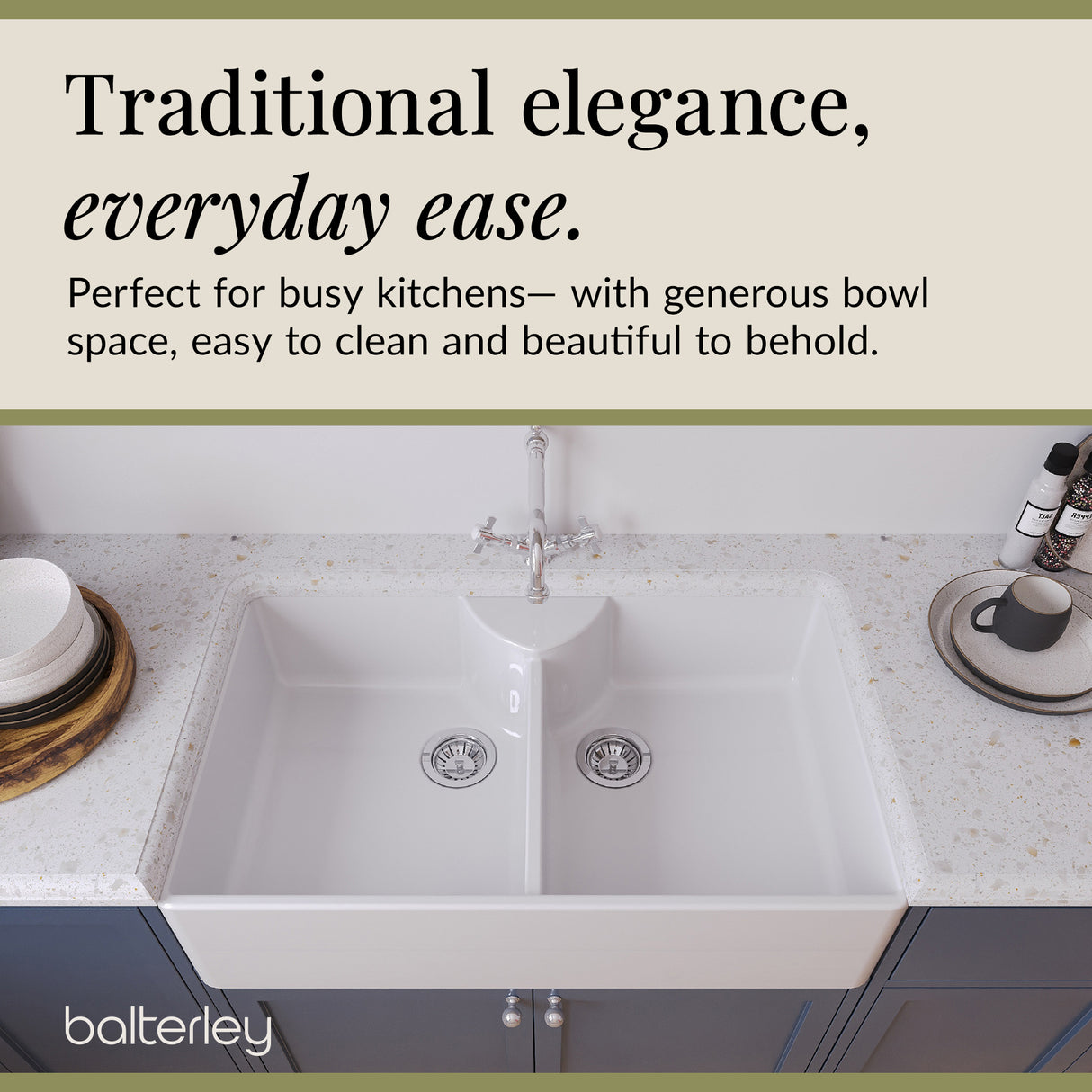 Double Bowl Fireclay Ceramic Butler Kitchen Sink Bundle with Stepped Weir, Classic Tap & Wastes
