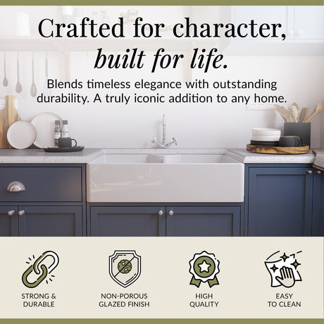 Double Bowl Fireclay Ceramic Butler Kitchen Sink Bundle with Stepped Weir, Classic Tap & Wastes