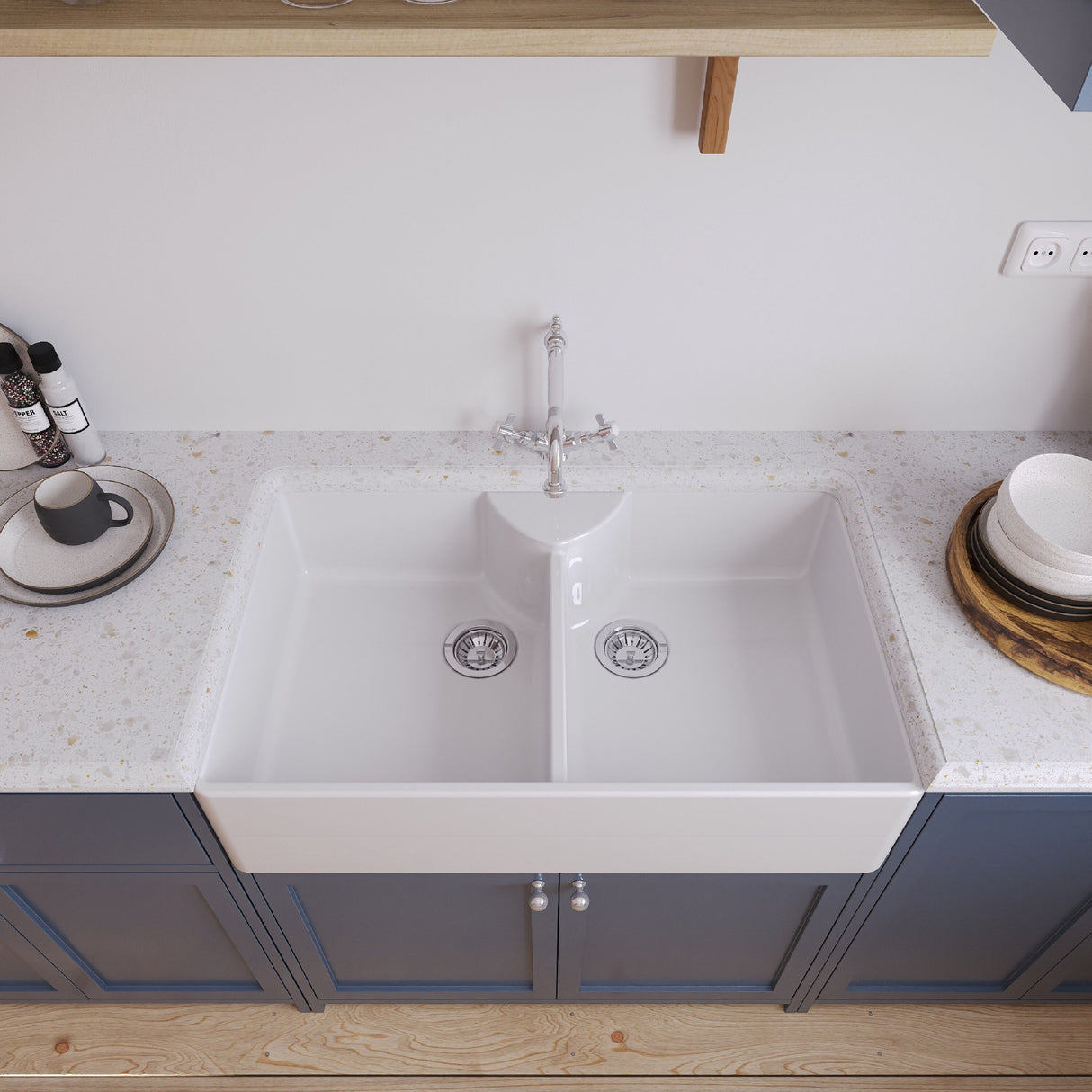[BKS215WT4] Traditional Double Bowl Fireclay Ceramic Butler Kitchen Sink Bundle with Stepped Weir, Classic Tap & Wastes - 895mm - Lifestyle 2