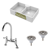 Fireclay Kitchen Bundle - Double Bowl Butler Sink, 2 x Wastes & Bridge Lever Tap, 895mm - Chrome