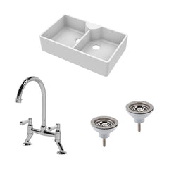 [BKS215WT5] Traditional Fireclay Kitchen Bundle: Double Bowl Butler Sink, Wastes & Bridge Lever Tap, 895mm - Chrome - Cutout