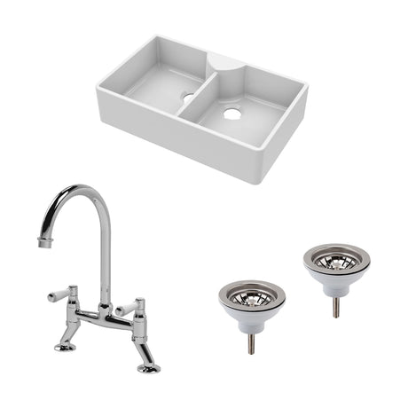 [BKS215WT5] Traditional Fireclay Kitchen Bundle: Double Bowl Butler Sink, Wastes & Bridge Lever Tap, 895mm - Chrome - Cutout